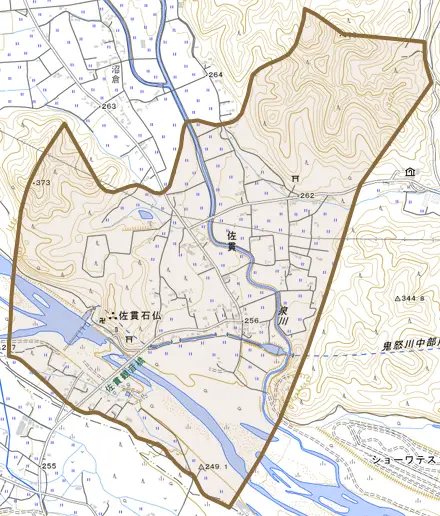 大字佐貫とその周辺の地図。町の範囲を重ねている