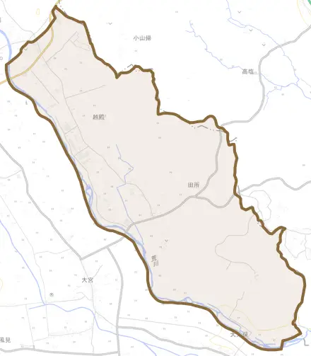 大字田所とその周辺の地図。町の範囲を重ねている