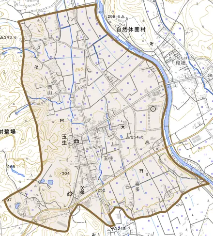 大字玉生とその周辺の地図。町の範囲を重ねている