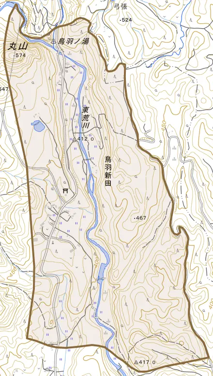 大字鳥羽新田とその周辺の地図。町の範囲を重ねている