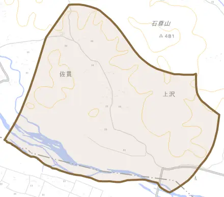 大字上沢とその周辺の地図。町の範囲を重ねている