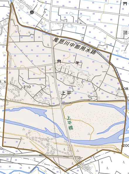 大字上平とその周辺の地図。町の範囲を重ねている