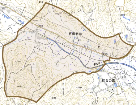 大字芦場新田とその周辺の地図。町の範囲を重ねている