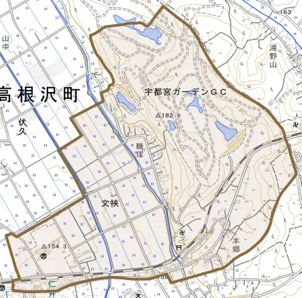 大字文挾とその周辺の地図。町の範囲を重ねている