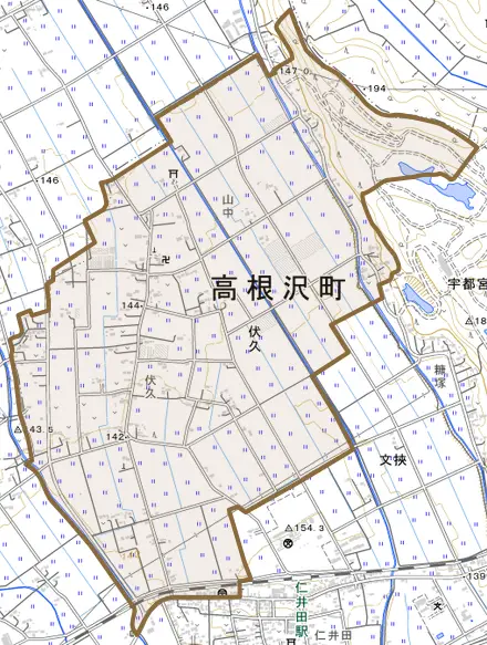 大字伏久とその周辺の地図。町の範囲を重ねている