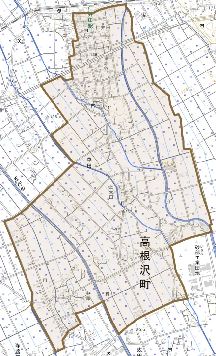 大字平田とその周辺の地図。町の範囲を重ねている
