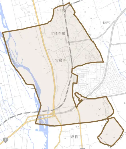 大字宝積寺とその周辺の地図。町の範囲を重ねている