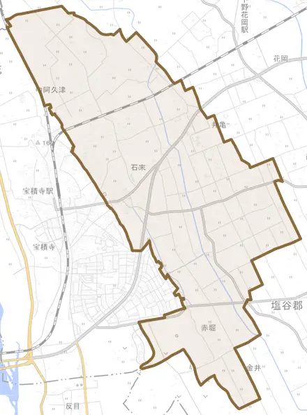 大字石末とその周辺の地図。町の範囲を重ねている