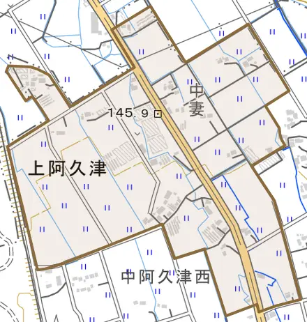 大字上阿久津とその周辺の地図。町の範囲を重ねている