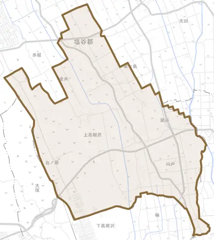 大字上高根沢とその周辺の地図。町の範囲を重ねている