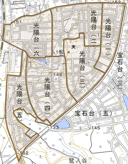 光陽台とその周辺の地図。町の範囲を重ねている