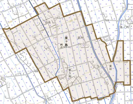 大字栗ケ島とその周辺の地図。町の範囲を重ねている