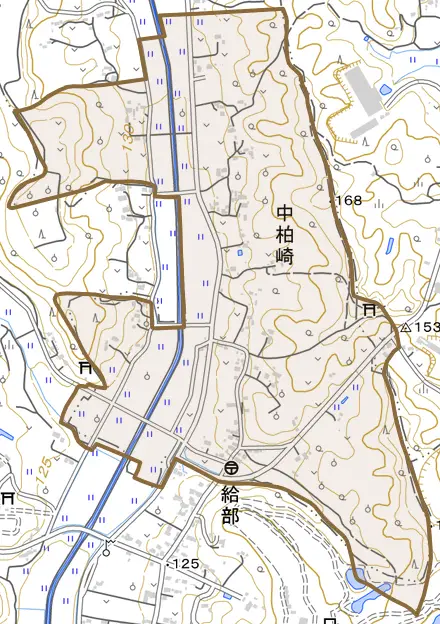大字中柏崎とその周辺の地図。町の範囲を重ねている