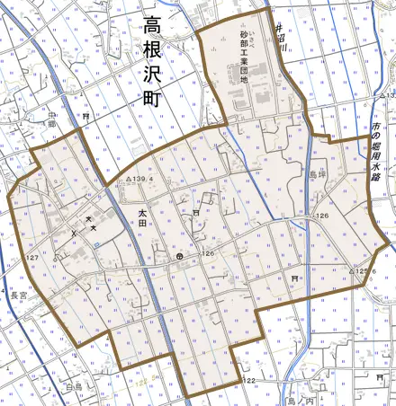 大字太田とその周辺の地図。町の範囲を重ねている