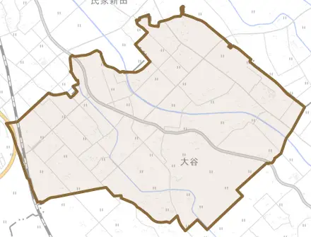 大字大谷とその周辺の地図。町の範囲を重ねている