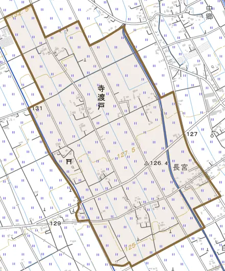 大字寺渡戸とその周辺の地図。町の範囲を重ねている