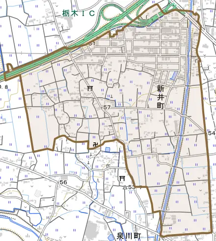 新井町とその周辺の地図。町の範囲を重ねている