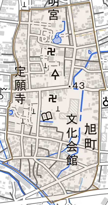 旭町とその周辺の地図。町の範囲を重ねている