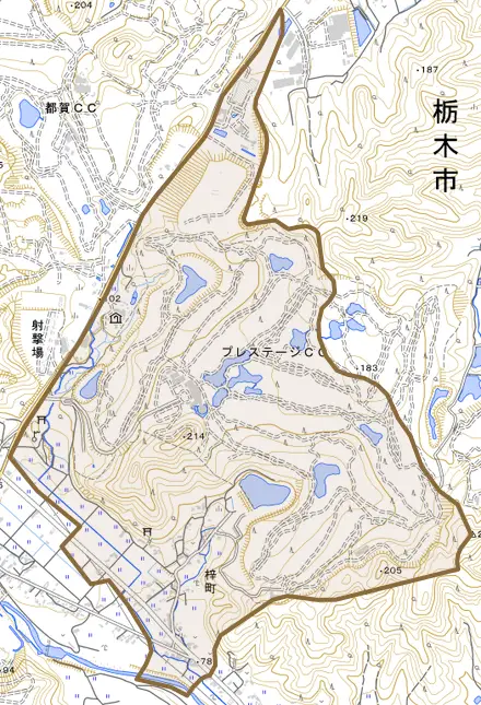 梓町とその周辺の地図。町の範囲を重ねている