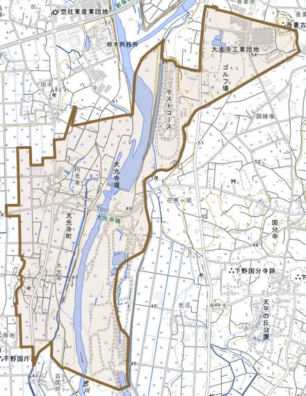大光寺町とその周辺の地図。町の範囲を重ねている