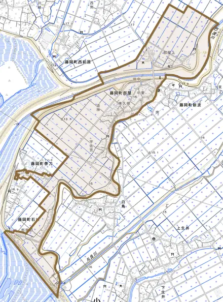 藤岡町部屋とその周辺の地図。町の範囲を重ねている