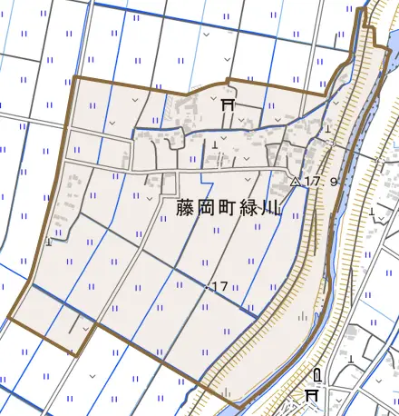 藤岡町緑川とその周辺の地図。町の範囲を重ねている