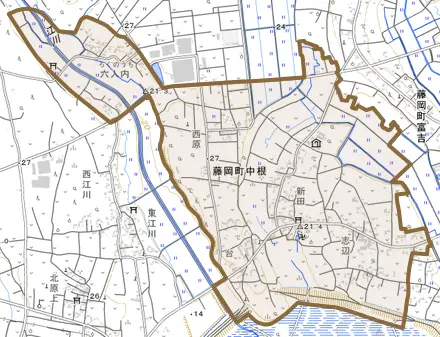 藤岡町中根とその周辺の地図。町の範囲を重ねている