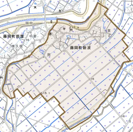 藤岡町新波とその周辺の地図。町の範囲を重ねている