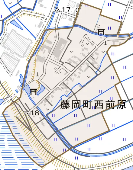 藤岡町西前原とその周辺の地図。町の範囲を重ねている