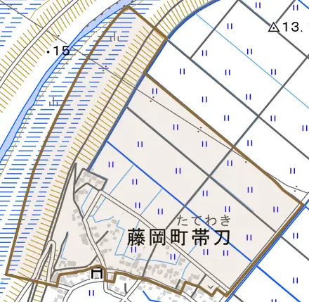 藤岡町帯刀とその周辺の地図。町の範囲を重ねている