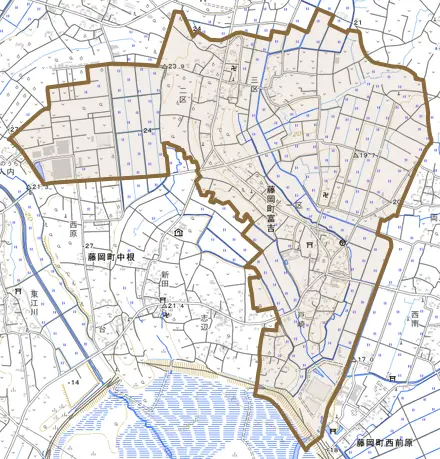 藤岡町富吉とその周辺の地図。町の範囲を重ねている