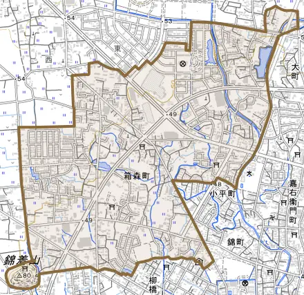 箱森町とその周辺の地図。町の範囲を重ねている