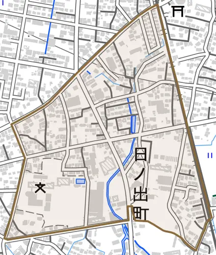 日ノ出町とその周辺の地図。町の範囲を重ねている