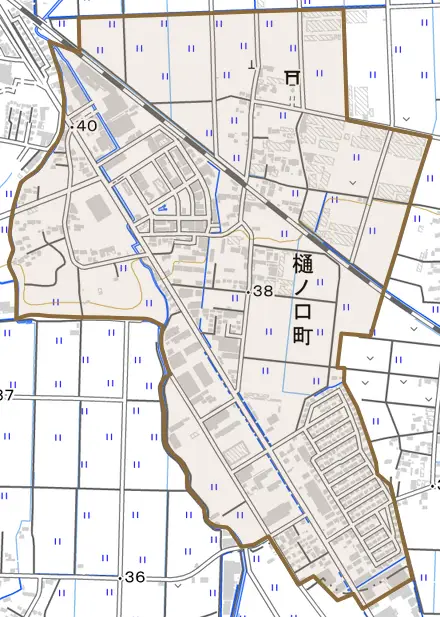 樋ノ口町とその周辺の地図。町の範囲を重ねている