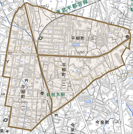 平柳町とその周辺の地図。町の範囲を重ねている