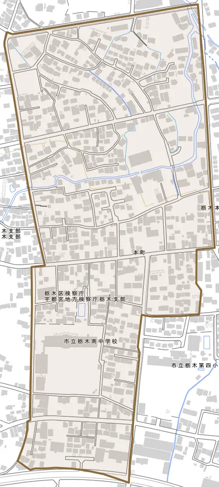 本町とその周辺の地図。町の範囲を重ねている
