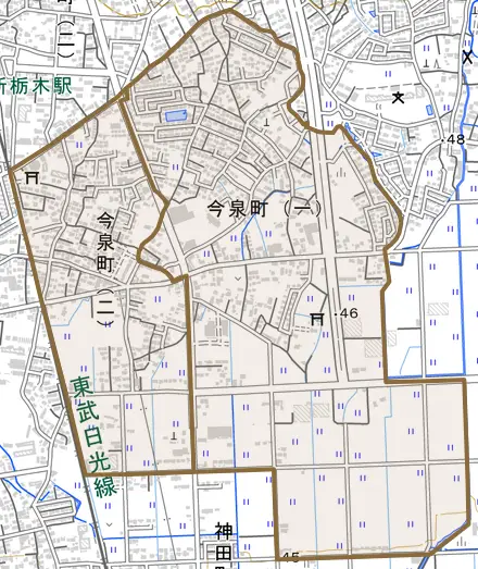 今泉町とその周辺の地図。町の範囲を重ねている