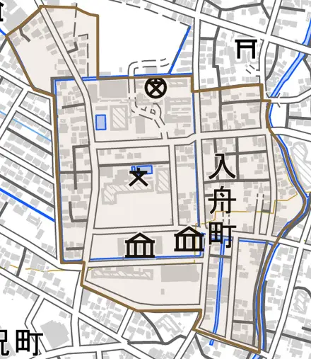 入舟町とその周辺の地図。町の範囲を重ねている