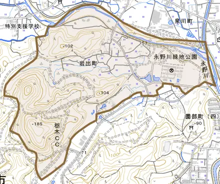 岩出町とその周辺の地図。町の範囲を重ねている