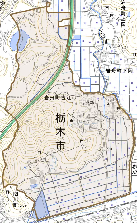 岩舟町古江とその周辺の地図。町の範囲を重ねている