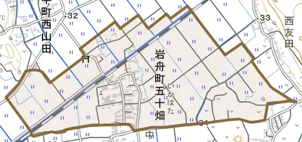 岩舟町五十畑とその周辺の地図。町の範囲を重ねている