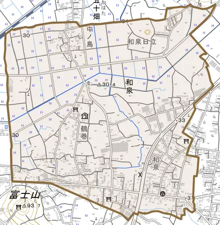 岩舟町和泉とその周辺の地図。町の範囲を重ねている
