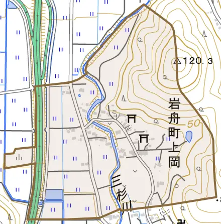 岩舟町上岡とその周辺の地図。町の範囲を重ねている