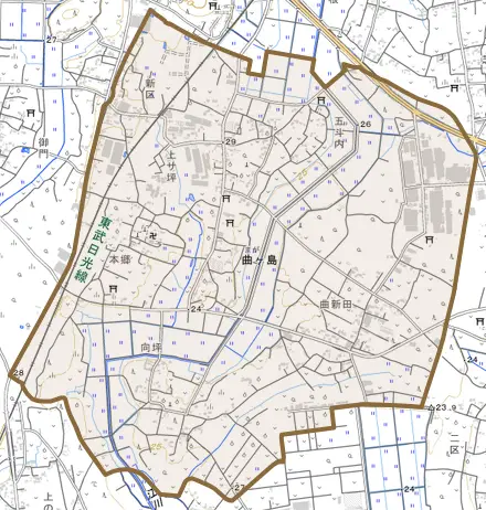 岩舟町曲ケ島とその周辺の地図。町の範囲を重ねている