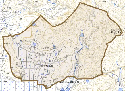 岩舟町三谷とその周辺の地図。町の範囲を重ねている