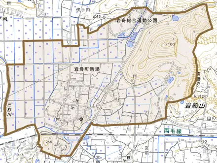 岩舟町新里とその周辺の地図。町の範囲を重ねている