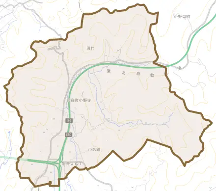 岩舟町小野寺とその周辺の地図。町の範囲を重ねている