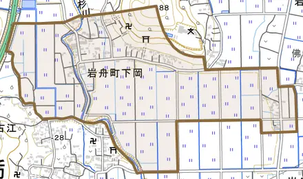 岩舟町下岡とその周辺の地図。町の範囲を重ねている