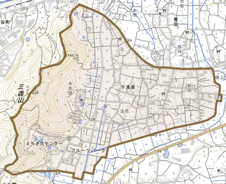 岩舟町下津原とその周辺の地図。町の範囲を重ねている