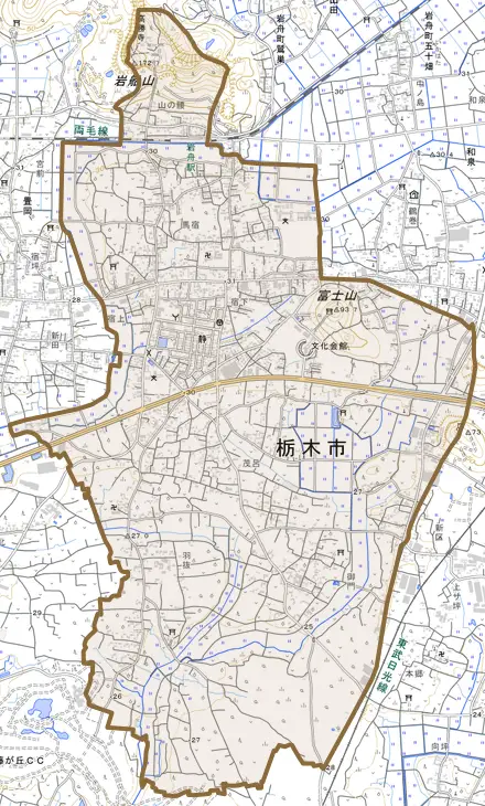 岩舟町静とその周辺の地図。町の範囲を重ねている